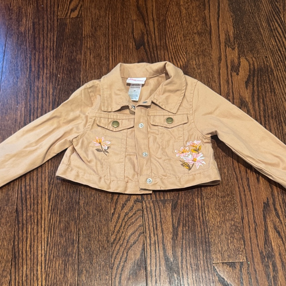 Little Lass Tan Jean Jacket with Floral Design